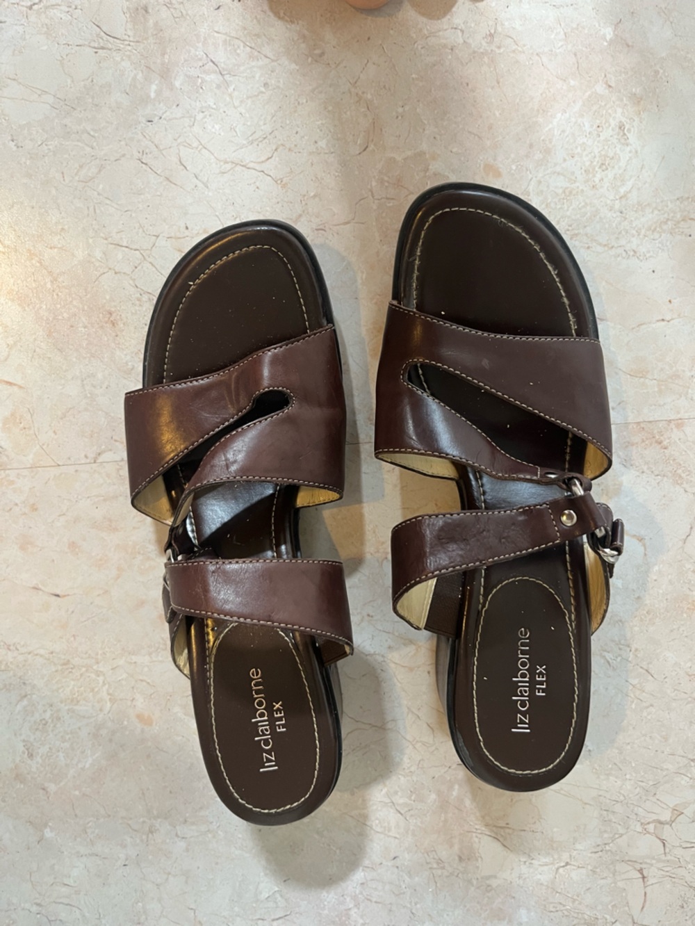 Liz Claiborne Dark Brown Leather Slide Sandals with Buckle Accent